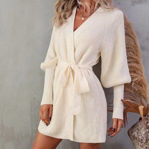 cream belted lantern sweater dress boho chic fall winter